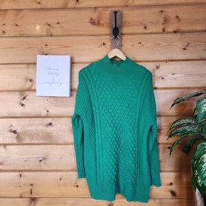 Crown & Ivy Green Cable Knit Sweater Mock Neck Tunic Long Ribbed Textured Size M